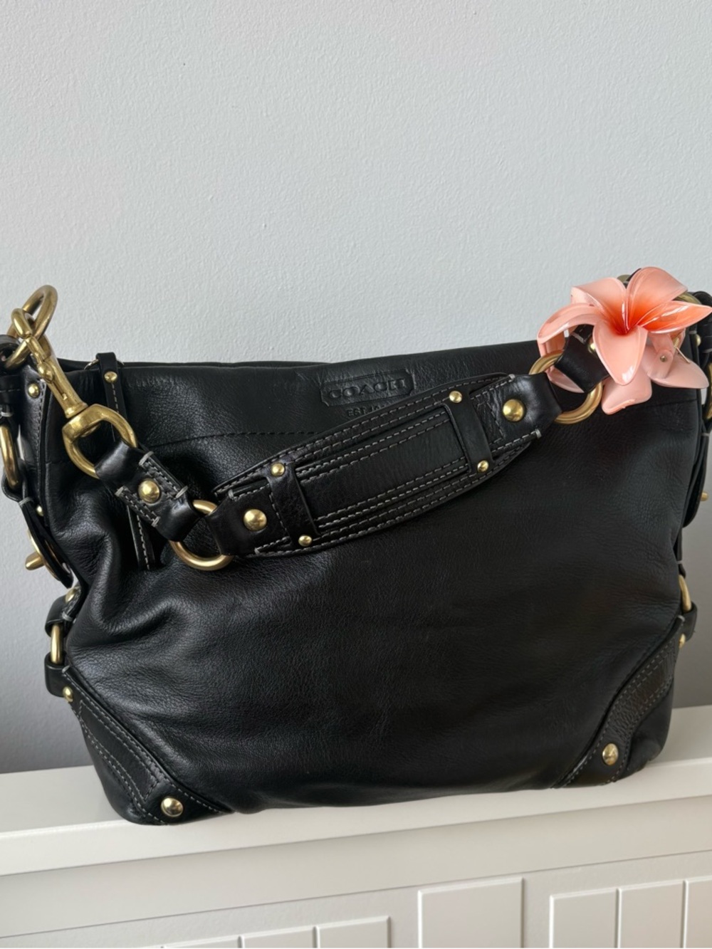 SOLD Coach Carly Black Leather Shoulder Bag with Gold Hardware